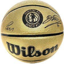 LUKA DONCIC & DIRK NOWITZKI SIGNED DALLAS MAVERICKS GOLD WILSON BASKETBALL JSA