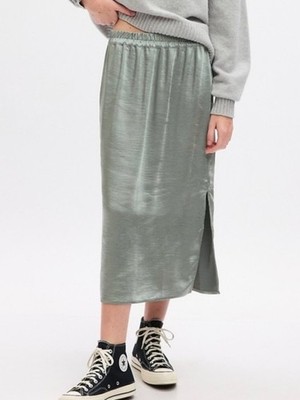 GAP Satin Midi Slip Skirt Sz M Tall Y2K Pull On Sage Green Preppy Chic Slit