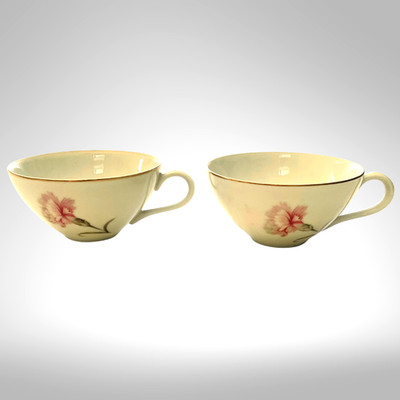 Carnation Tea Coffee Cups Pair Royal Court Fine China Japan Pink Gold 1960s VTG