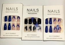 3 BOXES BUTTERFLY NAIL MANICURE KITS BLUE BLACK 24 PCS EACH SET COFFIN BALLERINA