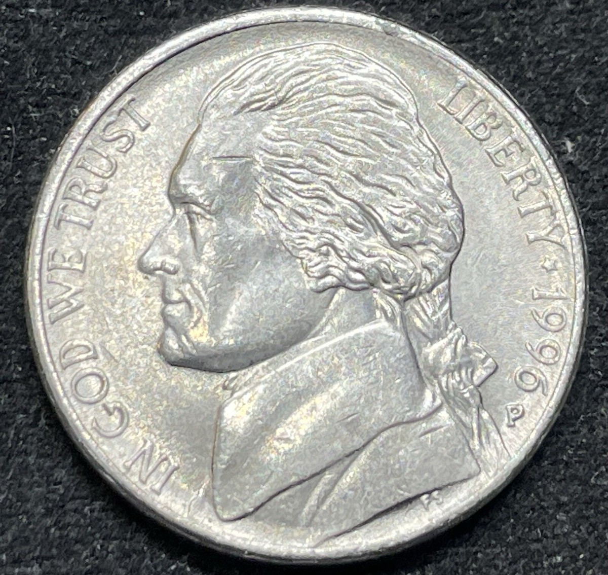 確認୧⃛(๑⃙⃘◡̈︎๑⃙⃘)୨⃛ Reverse Die Chip Error ; 1996 P Jefferson Nickel, Filled O