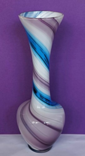 Hand Blown Art Glass Bulb Bud Vase Purple Blue White Swirl - Bild 7 von 7