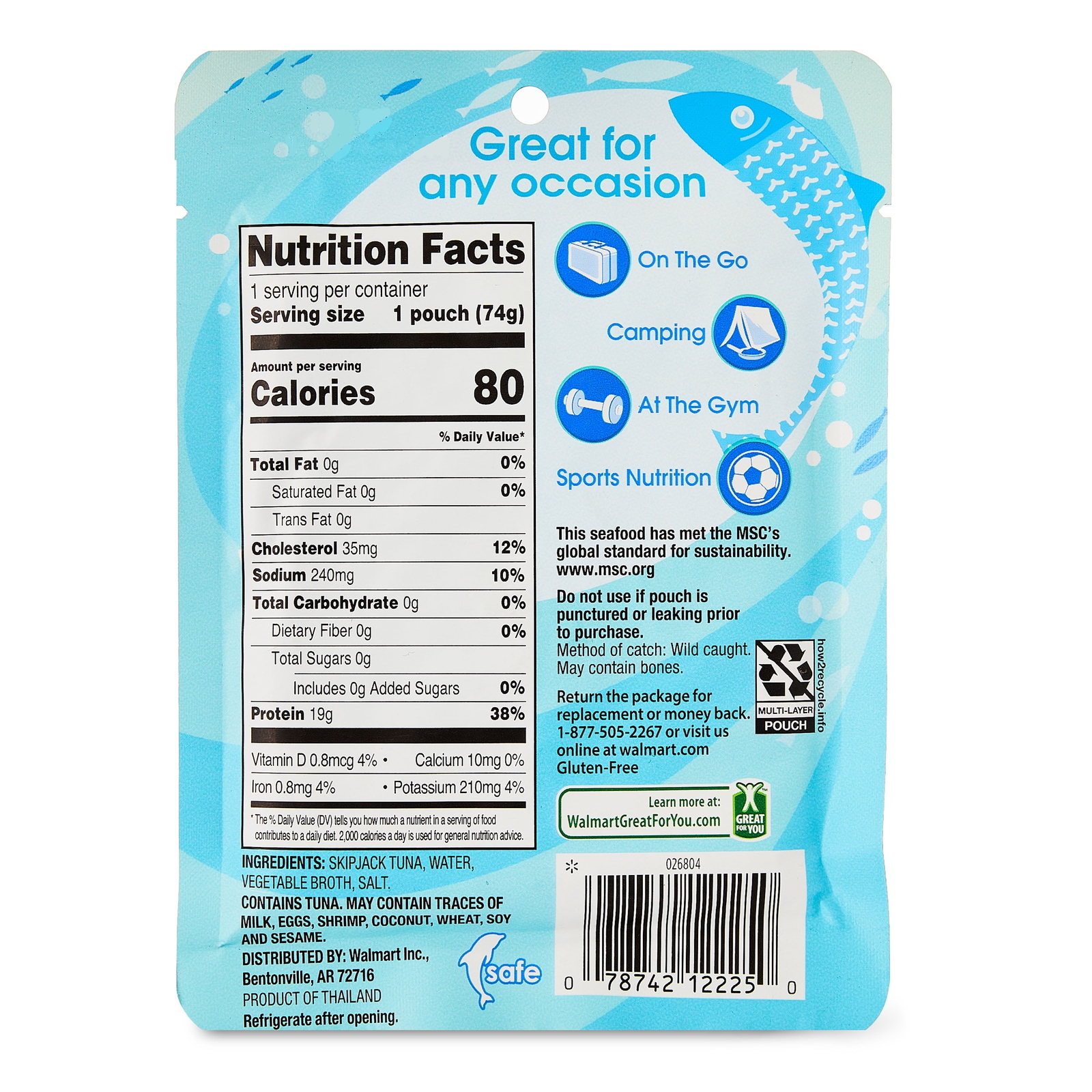 (6 pack) Great Value Chunk Light Tuna in Water, 2.6 oz Pouch