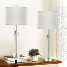 Brushed Nickel Table Lamps Set of 2: 22" to 30" Grey Shade 