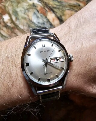 Swiss Best Day Date Watches Vintage Croton Automatic Silver Tone