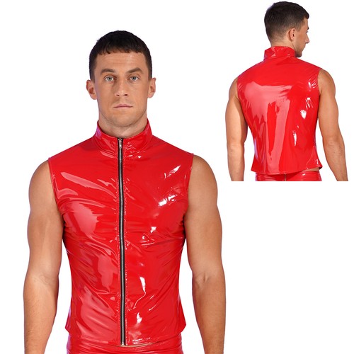Mens Wet Look Zipper Sleeveless Waistcoat T-Shirt Moto Biker Punk Tops Shorts - Picture 13 of 87