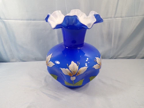 Fenton Blue Overlay Cased Glass Hand Painted Vase White Flowers 8 1/4" Tall INV4