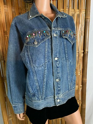 VTG 80s Unisex FREEGO Blue Denim Jean Jacket Embellished Oversized
