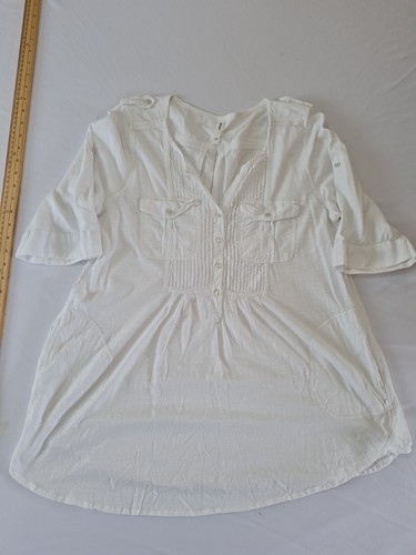 Damen Bluse NEXT Größe 18 Weiß Rollriegelärmel V-Ausschnitt Taschen 10164