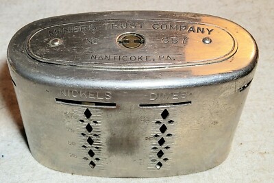 ANTIQUE MINERS TRUST COMPANY NANTICOKE, PENNSYLVANIA ADVERTISING BRASS COIN BANK