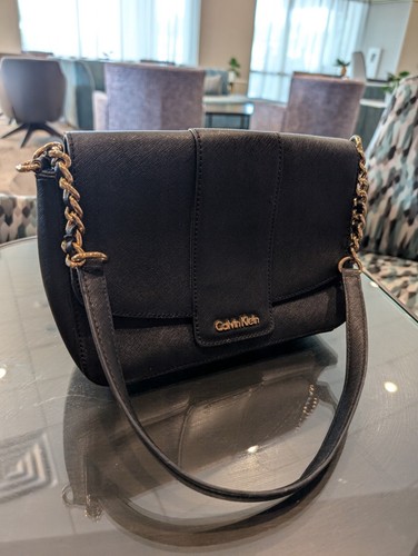 Calvin Klein Vintage Black Leather Shoulder Purse/Handbag, Metal Detail Strap - Picture 4 of 9