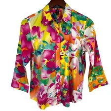 Ralph Lauren Womens Sz PM Petite Medium Tropical Floral Blouse Shirt Top Spring