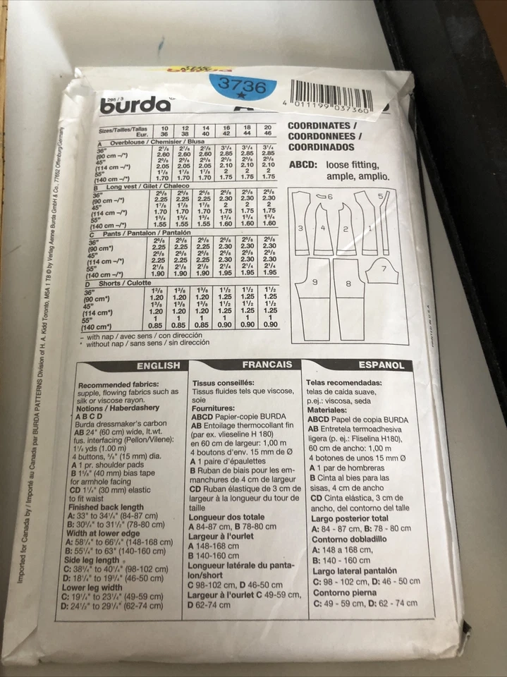 BURDA #3736 Tunic Blouse Vest Pants Shorts 10 12 14 16 18 20 Uncut - Image 4 of 4