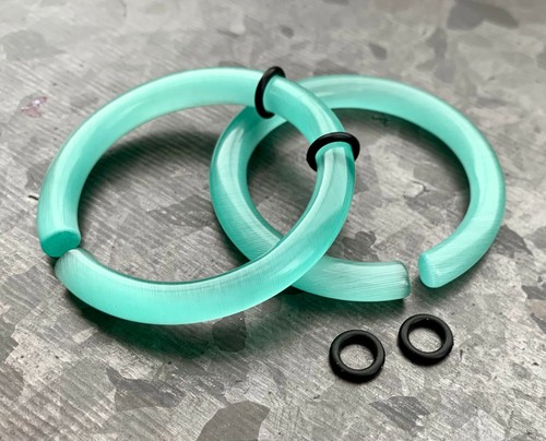 PAIR Aquamarine Cat Eye Large Stone Hoops Glass Hanger Ear Plug Gauge Tunnel - 第 5/10 張圖片