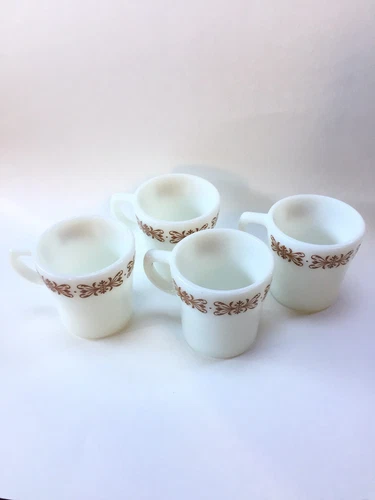 Vintage Pyrex Copper Filigree 4 Piece Coffee Tea Cups Mugs Opal Copper