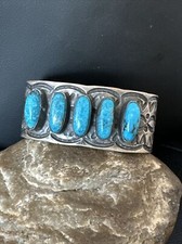 Men Blue Kingman Turquoise Navajo Sterling Silver 5 Stone XL Cuff Bracelet 15858