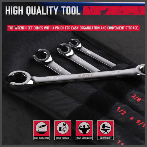 4PC Flare Nut Wrenches Fully Polished SAE Inch Brake Line Offset Head with Pouch - Picture 6 of 8
