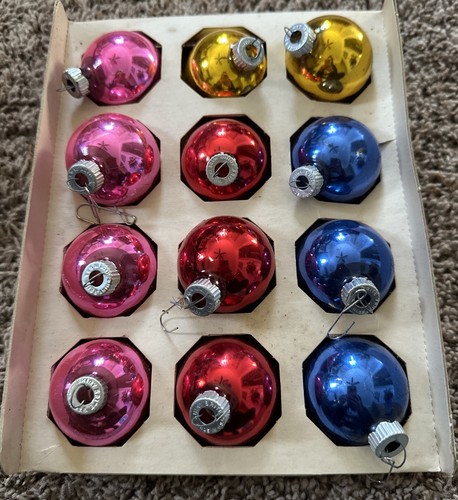 Vintage Shiny Brite Glas Weihnachtsschmuck Kugeln gemischte Farben in Box 12 Stück - Bild 2 von 4