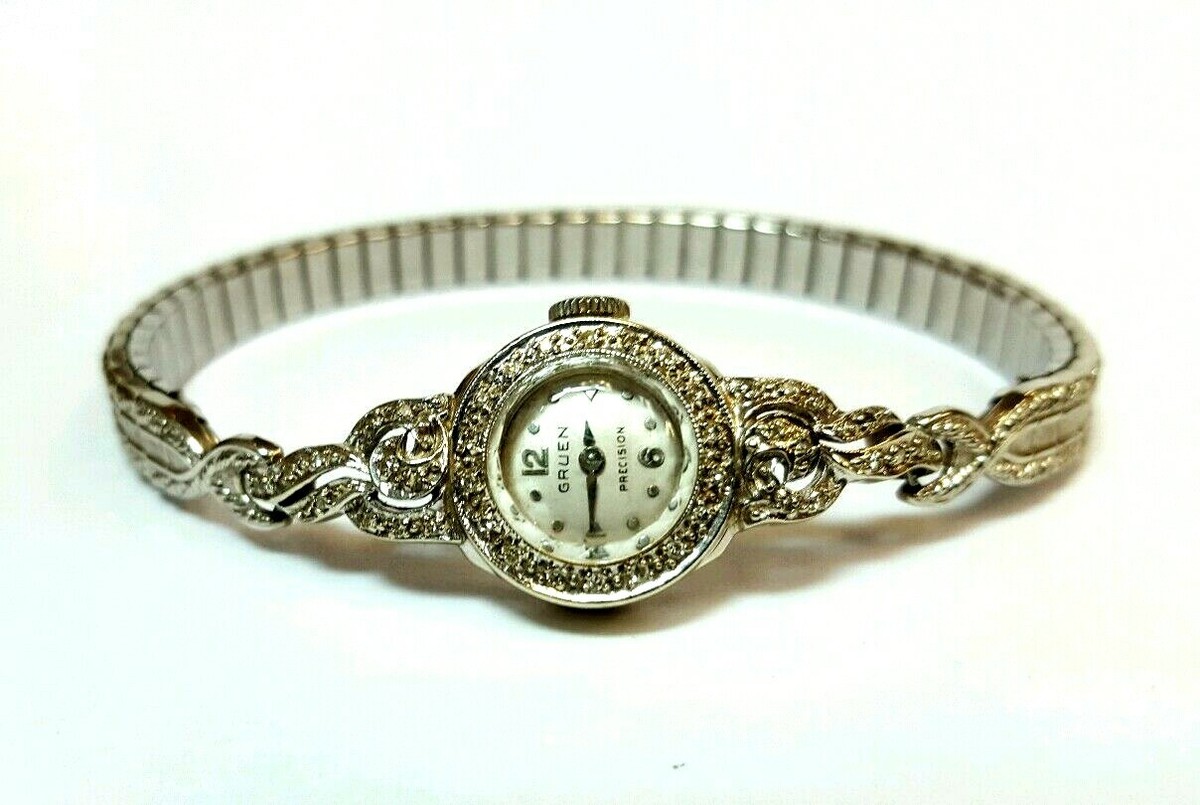 LADIES VINTAGE 14K WHITE GOLD & DIAMOND GRUEN PRECISION  display picture 2