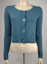 WHR teal blue wool angora blend cardigan sweater elbow patches ladies Small