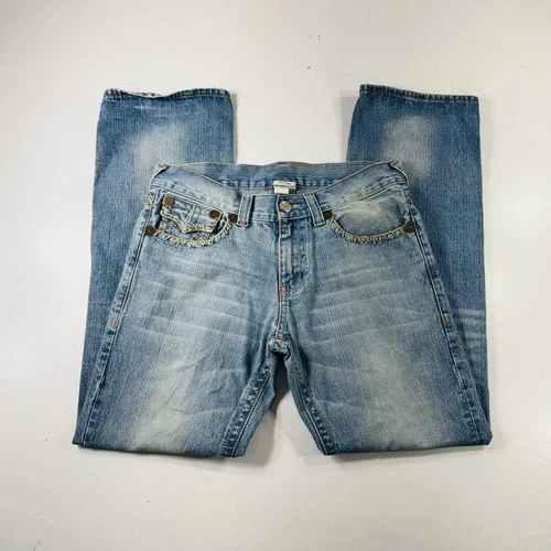 True Religion Jeans Light Wash Straight Thick Stitch Flap Pockets Men Size 34x32