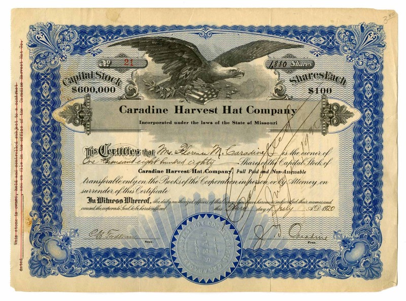 MO. Caradine Harvest Hat Co., 1920. 1880 Shrs I/C Capital Stock Cert. Fine-VF.