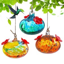 Set 3 Small Blown Glass Hummingbird Feeders for Outdoors Hanging with 2 Flowe...