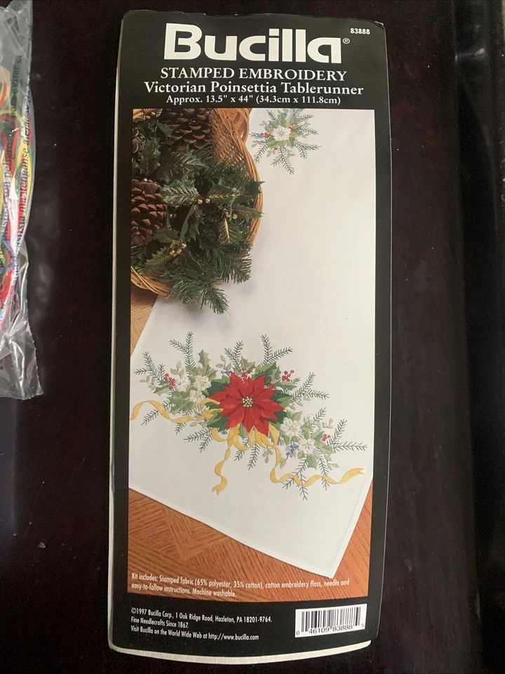 Victorian Poinsettia Table Runner Embroidery Kit Bucilla Unworked 13.5x44 - Image 2 of 4