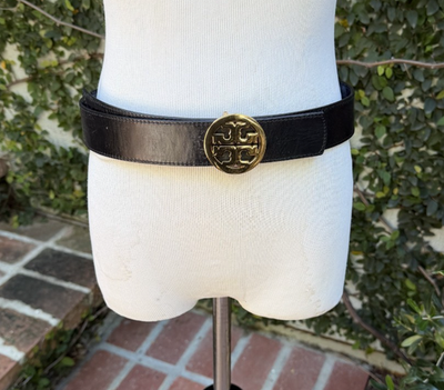 Tory Burch Black Reversible Leather Belt with Gold Logo  display picture 1