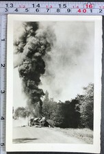 WW2 Era Military BW Photo Snapshot Supply Truck Burning on Road Side