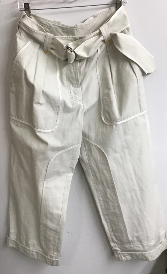 Dries Van Noten Mujer Pantalón Corto Plisado Hueso Sarga Algodón Cinturón Pierna Ancha Talla 40/8