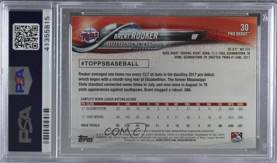 2018 Topps Pro Debut Auto Brent Rooker #30 PSA 10 GEM MT Auto - Image 2 of 2