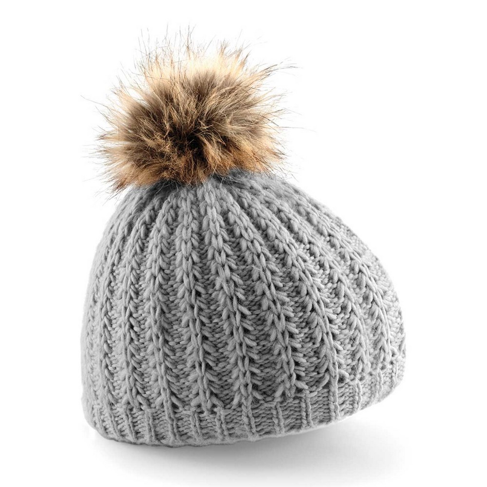 Womens Faux Fur Pom Pom Beanie Hat Grey B416