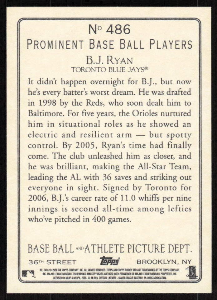 2006 Topps Turkey Red #486 B.J. Ryan   - FREE SHIPPING - Image 2 of 2