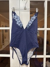 Victoria  s Secret PINK Swimsuit Floral Swim Embroidered Plunge One Piece Navy L