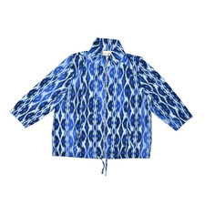 Chico's Women's Zenergy Ikat Blue White Zip Jacket Size 2 Drawstring 3/4 Sleeve