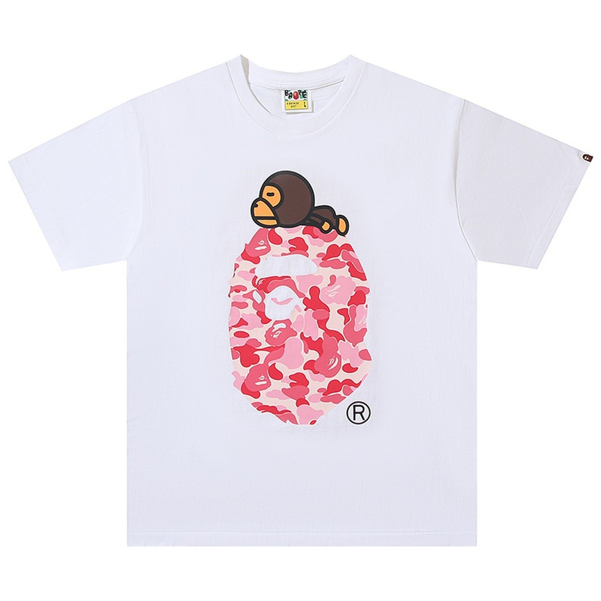 BAPE ABC Camo Milo On Big Ape Head T-Shirt White Pink | A Bathing