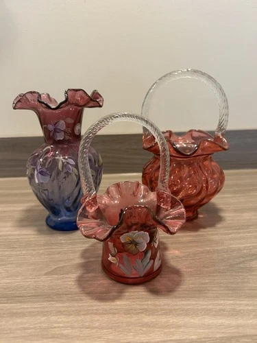 Vintage Fenton Lot Of 3. 2 Baskets & George W. Fenton Hand Painted Vase
