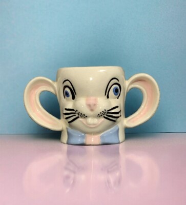 Vtg Easter Bunny w/Ear Handles Ceramic Mug Cup Studio/Hobbiest Piece Kitschy