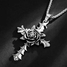 Vintage Silver Rose Cross Pendant Christian Necklace Stainless Steel Chain 24"