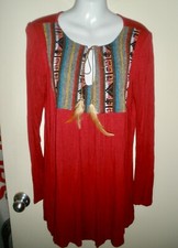 #1179 L Sun & Moon Red Tribal Feathers Ties Tunic Stretch