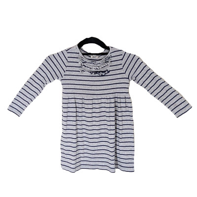 Mini Boden Dress Girls Sz 5 6 Striped Ruffles Jersey Knit Gray Navy Long Sleeves