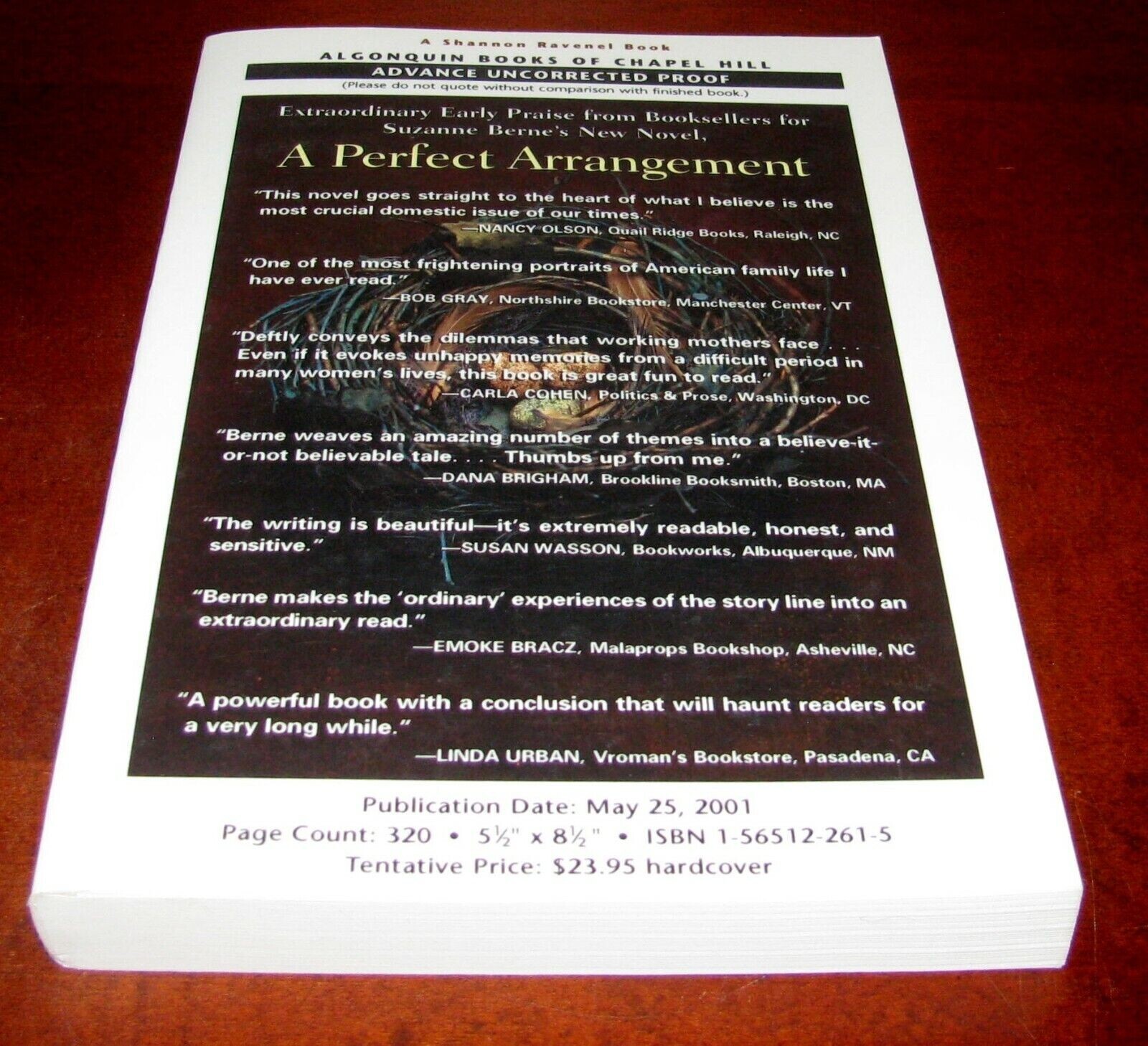 A Perfect Arrangement ARC Suzanne Berne Uncorrected Proof 1st Ed Paperback