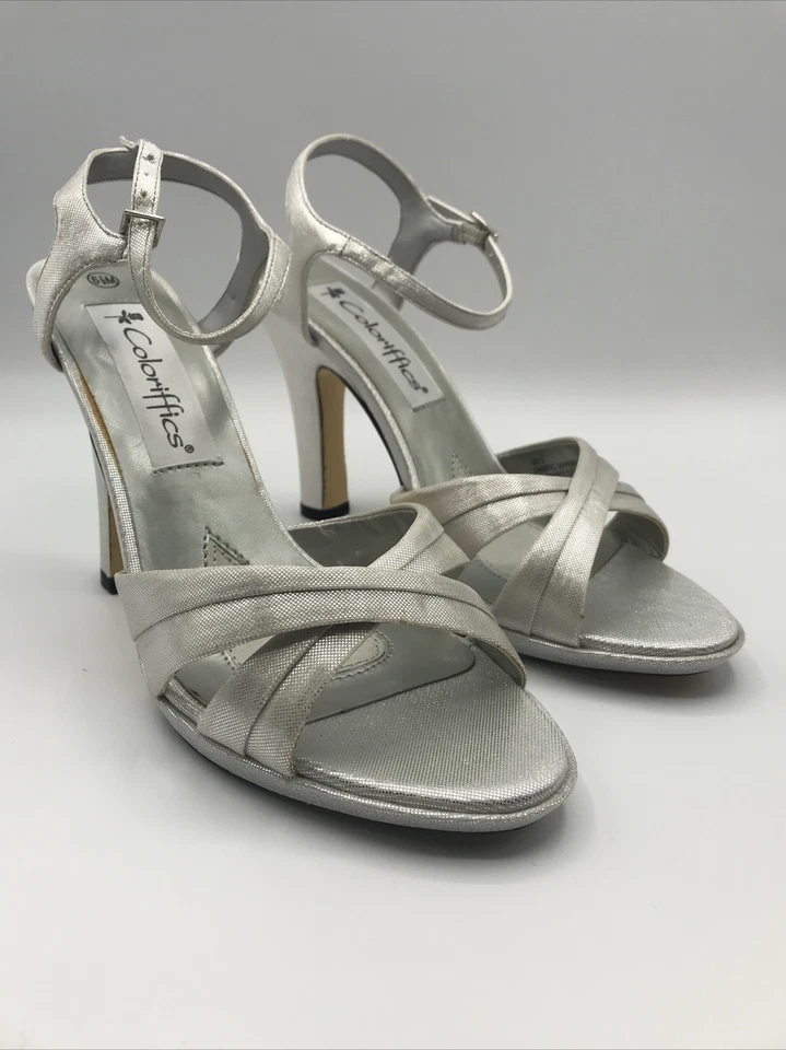 Coloriffics Becky Silver Satin Platform Shoes Padded Insole 4" Heel Size 6.5M - Image 2 of 4