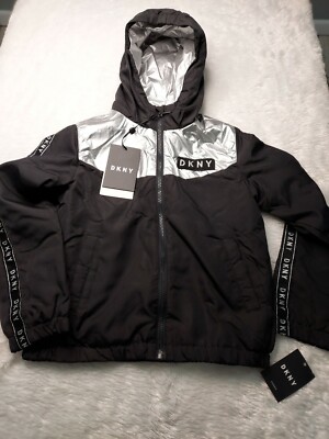DKNY Youth Girls Black/Silver Windbreaker Fleece Lined Jacket