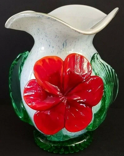 Italian Art Glass Fluted Top Vase With Orange Red Flower and Leaves 6" Tall