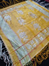 Vintage Woven Brocade Shawl   Piano Fringe Wrap, Taj Mahal type