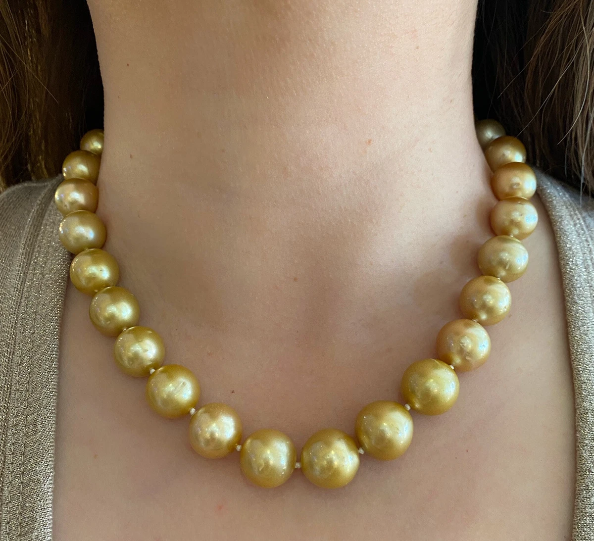 Golden South Sea Pearls w/ Pave Diamond Clasp Necklace 18k Yellow Gold -  HM1659B