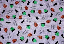 Halloween HAPPY HAUNTING Frankenstein Pumpkins Bats Purple Cotton Fabric BTY OOP