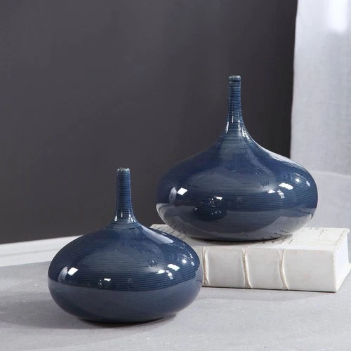 Uttermost Zayan 9" Wide Blue Ceramic Vases Set of 2 - Picture 1 of 3